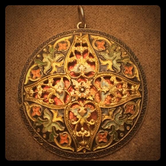 Antique Enameled BUTTON French Champleve Pierced Lacy Openwork made into PENDANT - Picture 13 of 15
